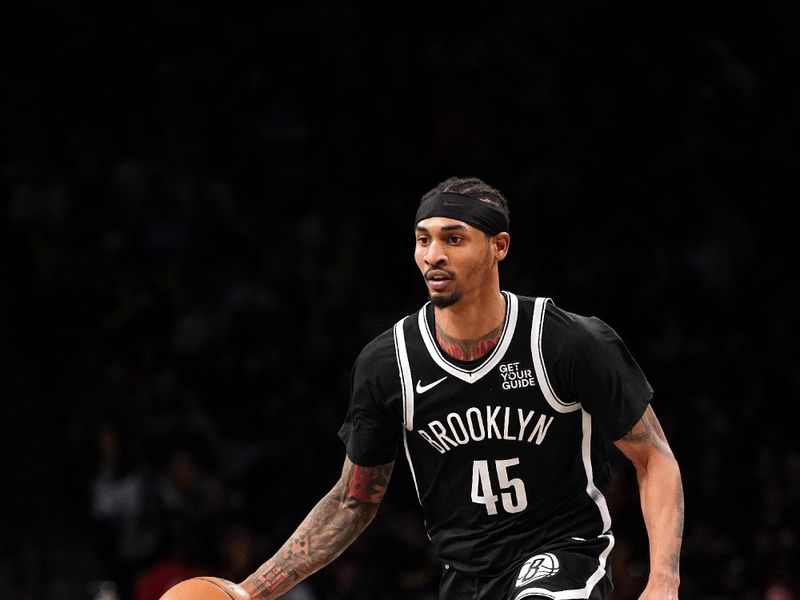 BROOKLYN, NY - January 6: Keon Johnson #45 of the Brooklyn Nets handles the ball during the game against the Indiana Pacers on January 6, 2025 at Barclays Center in Brooklyn, New York. NOTE TO USER: User expressly acknowledges and agrees that, by downloading and or using this Photograph, user is consenting to the terms and conditions of the Getty Images License Agreement. Mandatory Copyright Notice: Copyright 2025 NBAE (Photo by Catalina Fragoso/NBAE via Getty Images)