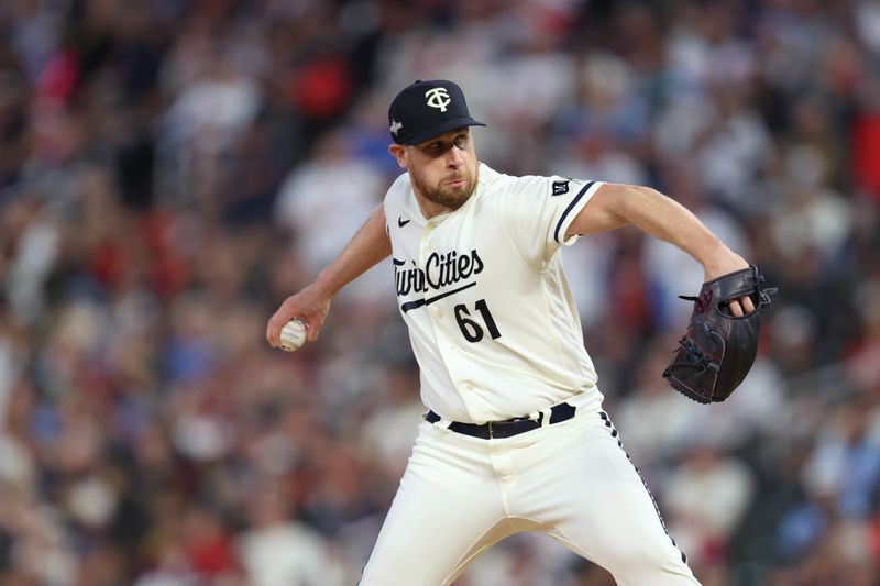 Oct 11, 2023; Minneapolis, Minnesota, USA; Minnesota Twins relief pitcher Brock Stewart (61) pitches in the third inning against the Houston Astros during game four of the ALDS for the 2023 MLB playoffs at Target Field. Mandatory Credit: Jesse Johnson-USA TODAY Sports