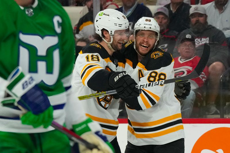 Mar 26, 2023; Raleigh, North Carolina, USA;  Boston Bruins right wing David Pastrnak (88) is congratulated by  center Pavel Zacha (18) after his goal against the Carolina Hurricanes during the second period at PNC Arena. Mandatory Credit: James Guillory-USA TODAY Sports