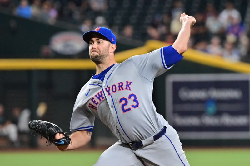 Aug 29, 2024; Phoenix, Arizona, USA;  New York Mets pitcher David Peterson (23) throws in the first inning against the Arizona Diamondbacks at Chase Field. Mandatory Credit: Matt Kartozian-USA TODAY Sports