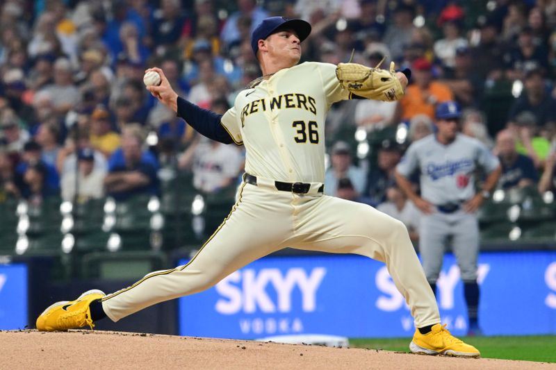 Aug 15, 2024; Milwaukee, Wisconsin, USA; Milwaukee Brewers starting pitcher Tobias Myers (36) throws against the Los Angeles Dodgers in the first inning at American Family Field. Mandatory Credit: Benny Sieu-USA TODAY Sports