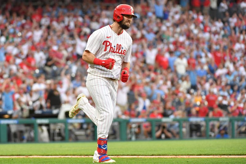 Jun 3, 2024; Philadelphia, Pennsylvania, USA; Philadelphia Phillies outfielder Davide Dahl (35) celebrates his home run against the Milwaukee Brewers during the fourth inning at Citizens Bank Park. Mandatory Credit: Eric Hartline-USA TODAY Sports