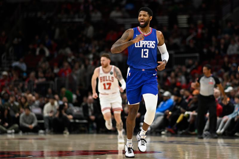 CHICAGO, ILLINOIS - MARCH 14: Paul George #13 of the LA Clippers reacts after scoring a 3-point basket in the first half against the Chicago Bulls in  at the United Center on March 14, 2024 in Chicago, Illinois.  NOTE TO USER: User expressly acknowledges and agrees that, by downloading and or using this photograph, User is consenting to the terms and conditions of the Getty Images License Agreement.  (Photo by Quinn Harris/Getty Images)