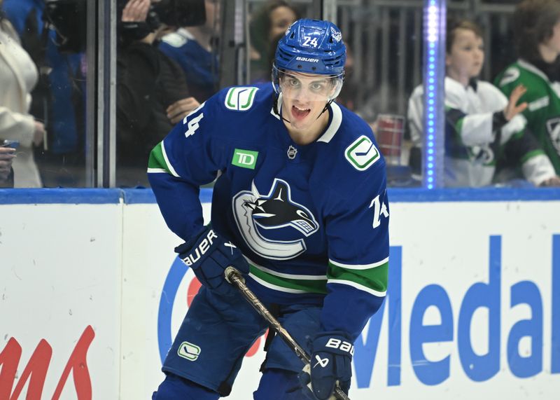 Mar 12, 2026; Vancouver, British Columbia, CAN; Vancouver Canucks defenseman Zeev Buium (24) during warm at Rogers Arena against the Nashville Predators . Mandatory Credit: Simon Fearn-Imagn Images