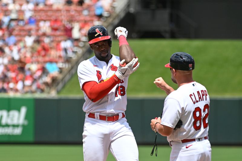 Jul 2, 2023; St. Louis, Missouri, USA; St. Louis Cardinals left fielder Jordan Walker (18) reacts after hitting an RBI single against the New York Yankees in the fourth inning at Busch Stadium. Mandatory Credit: Joe Puetz-USA TODAY Sports