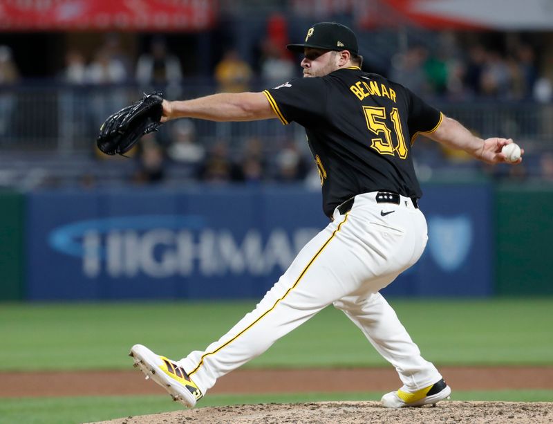 Apr 22, 2024; Pittsburgh, Pennsylvania, USA; Pittsburgh Pirates relief pitcher David Bednar (51) pitches against the Milwaukee Brewers during the ninth inning at PNC Park. Pittsburgh won 4-2. Mandatory Credit: Charles LeClaire-USA TODAY Sports