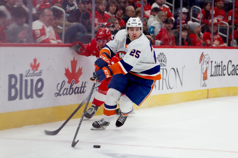 Feb 29, 2024; Detroit, Michigan, USA;  New York Islanders defenseman Sebastian Aho (25) skates with the puck in the second period against the Detroit Red Wings at Little Caesars Arena. Mandatory Credit: Rick Osentoski-USA TODAY Sports