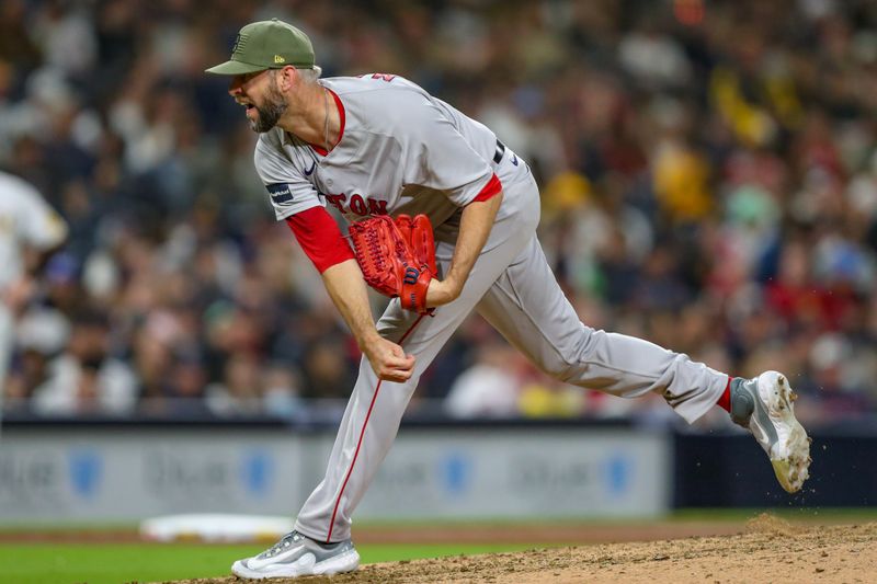 May 20, 2023; San Diego, California, USA; Boston Red Sox relief pitcher Chris Martin (55) throws a pitch in the eighth inning against the San Diego Padres at Petco Park. Mandatory Credit: David Frerker-USA TODAY Sports