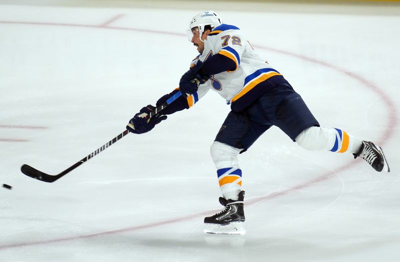 Dec 2, 2023; Tempe, Arizona, USA; St. Louis Blues defenseman Justin Faulk (72) shoots against the Arizona Coyotes during the third period at Mullett Arena. Mandatory Credit: Joe Camporeale-USA TODAY Sports