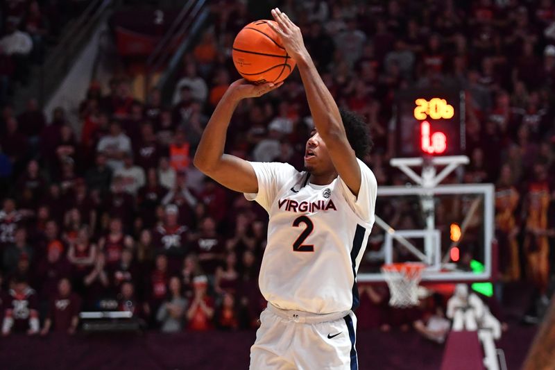 Feb 19, 2024; Blacksburg, Virginia, USA; Virginia Cavaliers guard Reece Beekman (2) shoots a three point shot during the first half at Cassell Coliseum. Mandatory Credit: Brian Bishop-USA TODAY Sports