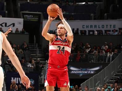 CHARLOTTE, NC - NOVEMBER 22: Corey Kispert #24 of the Washington Wizards shoots a three point basket against the Charlotte Hornets on November 22, 2023 at Spectrum Center in Charlotte, North Carolina. NOTE TO USER: User expressly acknowledges and agrees that, by downloading and or using this photograph, User is consenting to the terms and conditions of the Getty Images License Agreement. Mandatory Copyright Notice: Copyright 2023 NBAE (Photo by Kent Smith/NBAE via Getty Images)