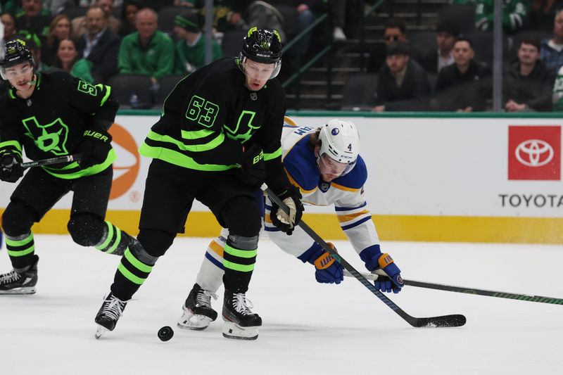 Dec 31, 2024; Dallas, Texas, USA; Dallas Stars right wing Evgenii Dadonov (63) fights for the puck against Buffalo Sabres defenseman Bowen Byram (4) during the third period at American Airlines Center. Mandatory Credit: Tim Heitman-Imagn Images