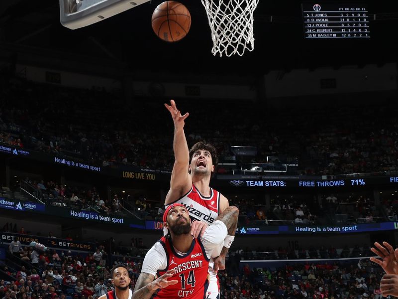 NEW ORLEANS, LA - FEBRUARY 14: Deni Avdija #8 of the Washington Wizards drives to the basket during the game against the New Orleans Pelicans on February 14, 2024 at the Smoothie King Center in New Orleans, Louisiana. NOTE TO USER: User expressly acknowledges and agrees that, by downloading and or using this Photograph, user is consenting to the terms and conditions of the Getty Images License Agreement. Mandatory Copyright Notice: Copyright 2024 NBAE (Photo by Layne Murdoch Jr./NBAE via Getty Images)