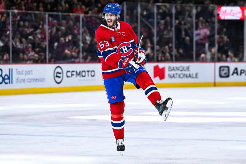 Feb 26, 2026; Montreal, Quebec, CAN; Montreal Canadiens defenseman Noah Dobson (53) reacts after scoring his second goal of the game against the New York Islanders during the second period at Bell Centre. Mandatory Credit: David Kirouac-Imagn Images