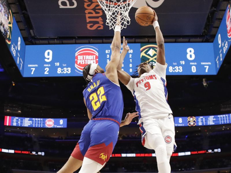 DETROIT, MI - FEBRUARY 28: Ausar Thompson #9 of the Detroit Pistons drives to the basket during the game against the Denver Nuggets on February 28, 2025 at Little Caesars Arena in Detroit, Michigan. NOTE TO USER: User expressly acknowledges and agrees that, by downloading and/or using this photograph, User is consenting to the terms and conditions of the Getty Images License Agreement. Mandatory Copyright Notice: Copyright 2025 NBAE (Photo by Brian Sevald/NBAE via Getty Images)