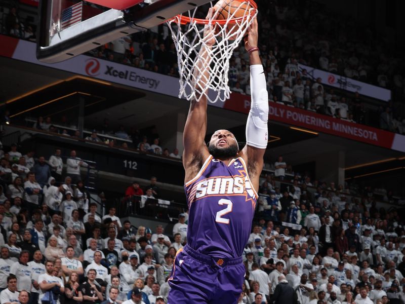 MINNEAPOLIS, MN -  APRIL 20: Josh Okogie #2 of the Phoenix Suns dunks the ball during the game against the Minnesota Timberwolves during Round 1 Game 1 of the 2024 NBA Playoffs on April 20, 2024 at Target Center in Minneapolis, Minnesota. NOTE TO USER: User expressly acknowledges and agrees that, by downloading and or using this Photograph, user is consenting to the terms and conditions of the Getty Images License Agreement. Mandatory Copyright Notice: Copyright 2024 NBAE (Photo by David Sherman/NBAE via Getty Images)