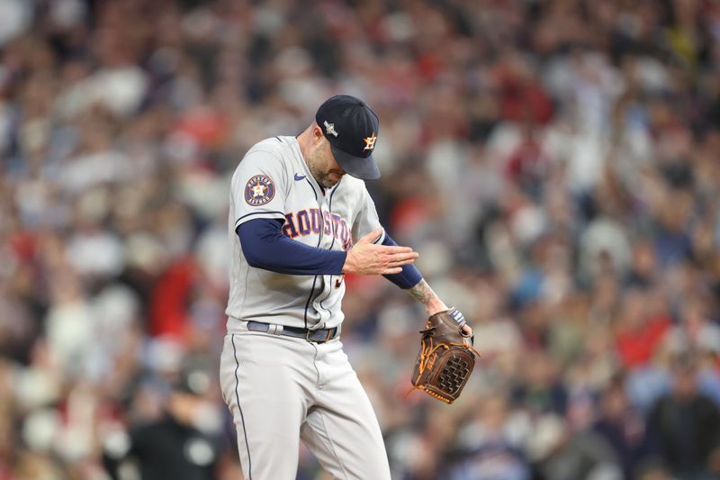 Oct 11, 2023; Minneapolis, Minnesota, USA; Houston Astros relief pitcher Ryan Pressly (55) celebrates defeating the Minnesota Twins during game four of the ALDS for the 2023 MLB playoffs at Target Field. Mandatory Credit: Jesse Johnson-USA TODAY Sports