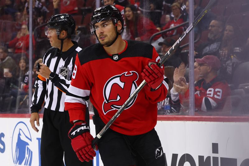 Sep 25, 2023; Newark, New Jersey, USA; New Jersey Devils left wing Timo Meier (28) celebrates his goal against the Philadelphia Flyers during the second period at Prudential Center. Mandatory Credit: Ed Mulholland-USA TODAY Sports