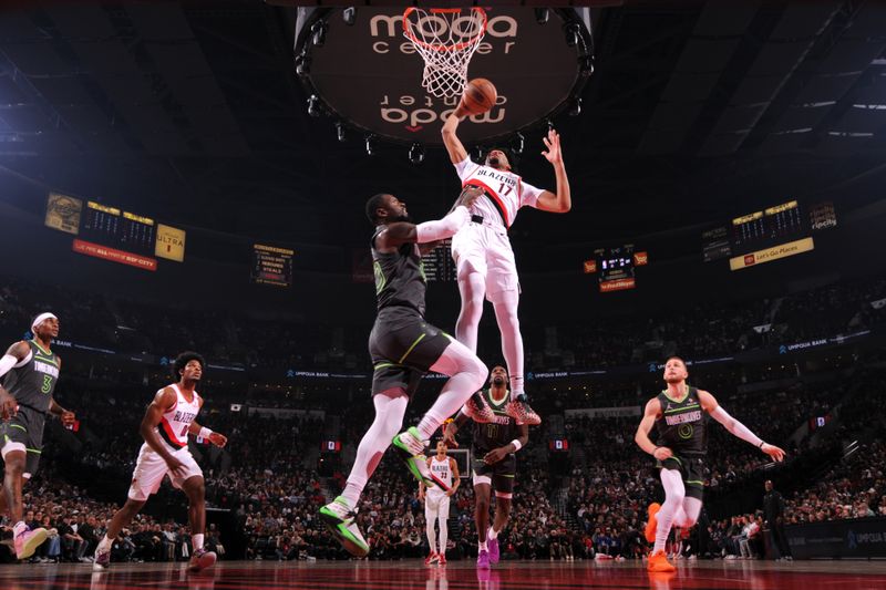 PORTLAND, OR - NOVEMBER 13: Shaedon Sharpe #17 of the Portland Trail Blazers dunks the ball during the game against the Minnesota Timberwolves on November 13, 2024 at the Moda Center Arena in Portland, Oregon. NOTE TO USER: User expressly acknowledges and agrees that, by downloading and or using this photograph, user is consenting to the terms and conditions of the Getty Images License Agreement. Mandatory Copyright Notice: Copyright 2024 NBAE (Photo by Cameron Browne/NBAE via Getty Images)