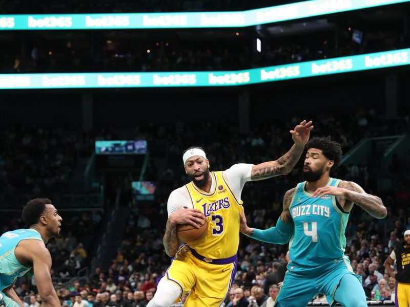 CHARLOTTE, NC - FEBRUARY 5: Anthony Davis #3 of the Los Angeles Lakers handles the ball during the game  against the Charlotte Hornets on February 5, 2024 at Spectrum Center in Charlotte, North Carolina. NOTE TO USER: User expressly acknowledges and agrees that, by downloading and or using this photograph, User is consenting to the terms and conditions of the Getty Images License Agreement.  Mandatory Copyright Notice:  Copyright 2024 NBAE (Photo by Brock Williams-Smith/NBAE via Getty Images)