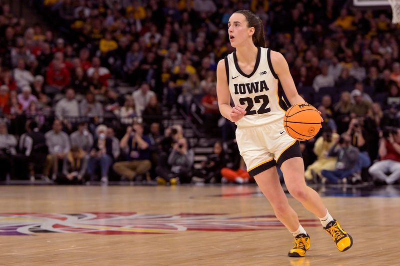 Mar 9, 2024; Minneapolis, MN, USA;  Iowa Hawkeyes guard Caitlin Clark (22) spots up a three-pointer against the Michigan Wolverines  during the second half of a Big Ten Women's Basketball tournament semifinal at Target Center. Mandatory Credit: Nick Wosika-USA TODAY Sports