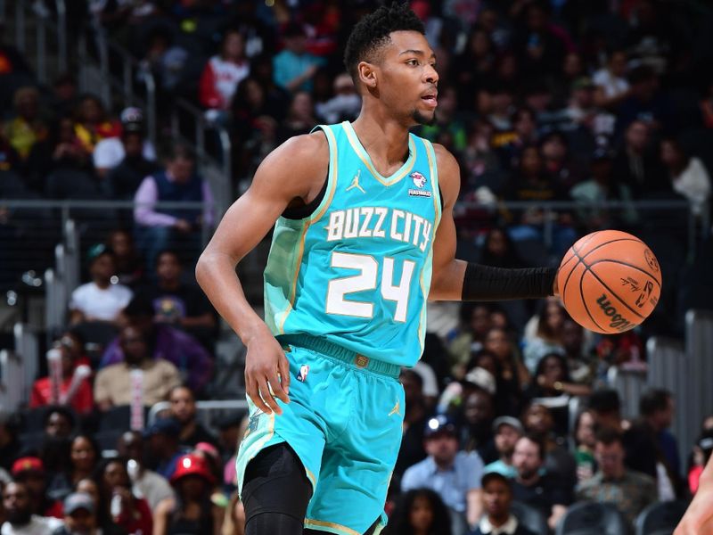 ATLANTA, GA - MARCH 23: Brandon Miller #24 of the Charlotte Hornets dribbles the ball during the game against the Atlanta Hawks on March 23, 2024 at State Farm Arena in Atlanta, Georgia.  NOTE TO USER: User expressly acknowledges and agrees that, by downloading and/or using this Photograph, user is consenting to the terms and conditions of the Getty Images License Agreement. Mandatory Copyright Notice: Copyright 2024 NBAE (Photo by Scott Cunningham/NBAE via Getty Images)