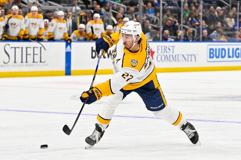 Nov 24, 2023; St. Louis, Missouri, USA;  Nashville Predators defenseman Ryan McDonagh (27) shoots against the St. Louis Blues during the third period at Enterprise Center. Mandatory Credit: Jeff Curry-USA TODAY Sports