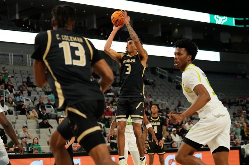 Mar 16, 2024; Fort Worth, TX, USA;  UAB Blazers forward Yaxel Lendeborg (3) scores a basket against the South Florida Bulls during the first half at Dickies Arena. Mandatory Credit: Chris Jones-USA TODAY Sports