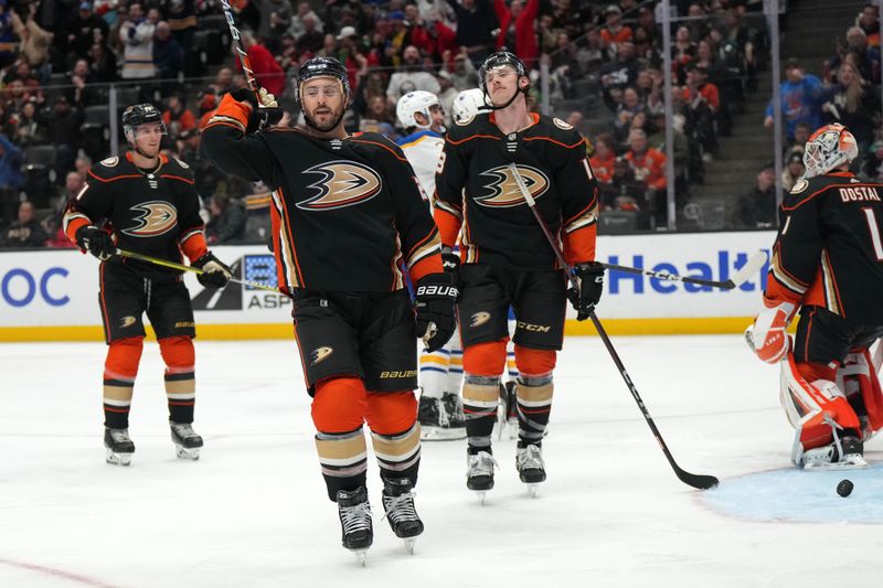 Feb 15, 2023; Anaheim, California, USA; Anaheim Ducks defenseman Kevin Shattenkirk (22), defenseman Simon Benoit (13) and goaltender Lukas Dostal (1) react after a goal by Buffalo Sabres right wing Alex Tuch (89) in the third period at Honda Center. Mandatory Credit: Kirby Lee-USA TODAY Sports