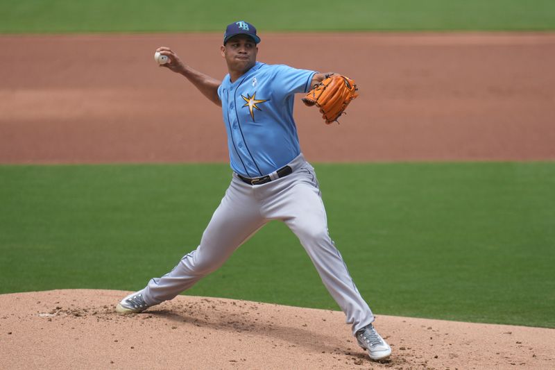 Jun 18, 2023; San Diego, California, USA;  Tampa Bay Rays relief pitcher Yonny Chirinos (72) throws a pitch against the San Diego Padres during the first inning at Petco Park. Mandatory Credit: Ray Acevedo-USA TODAY Sports