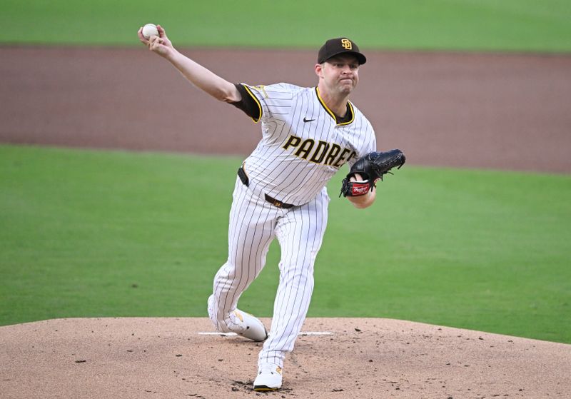 Sep 27, 2025; San Diego, California, USA; San Diego Padres starting pitcher Michael King (34) delivers during the first inning against the Arizona Diamondbacks at Petco Park. Mandatory Credit: Denis Poroy-Imagn Images