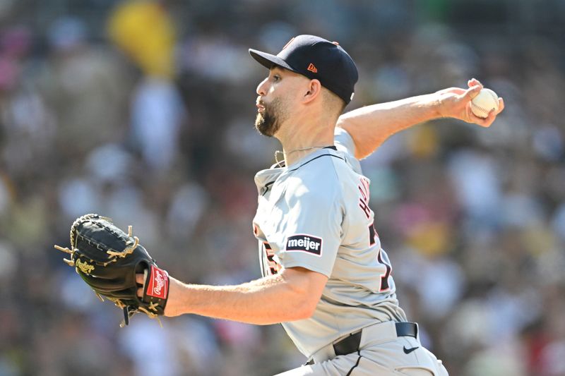 Sep 2, 2024; San Diego, California, USA; Detroit Tigers relief pitcher Brenan Hanifee (75) pitches during the third inning against the San Diego Padres at Petco Park. Mandatory Credit: Denis Poroy-USA TODAY Sports