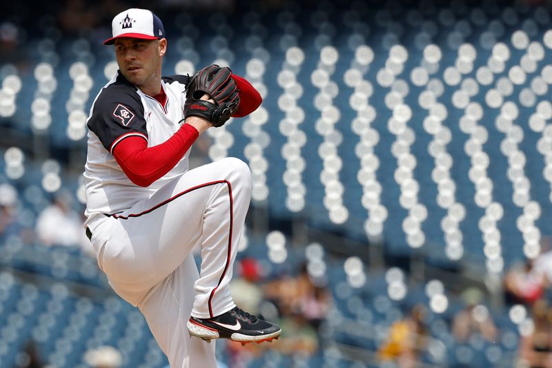 Jul 25, 2024; Washington, District of Columbia, USA; Washington Nationals starting pitcher Patrick Corbin (46) pitches against the San Diego Padres during the first inning at Nationals Park. Mandatory Credit: Geoff Burke-USA TODAY Sports