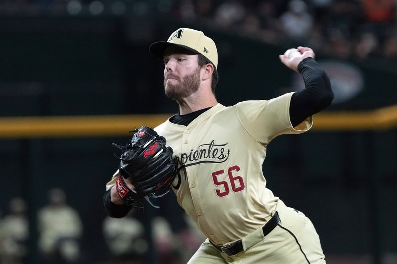 Sep 24, 2024; Phoenix, Arizona, USA; Arizona Diamondbacks pitcher Brandon Hughes (56) pitches against the San Francisco Giants in the eighth inning at Chase Field. Mandatory Credit: Rick Scuteri-Imagn Images