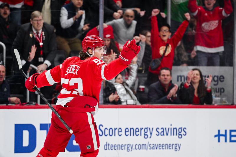 Mar 16, 2026; Detroit, Michigan, USA; Detroit Red Wings defenseman Moritz Seider (53) celebrates his goal during the second period against the Calgary Flames at Little Caesars Arena. Mandatory Credit: Tim Fuller-Imagn Images