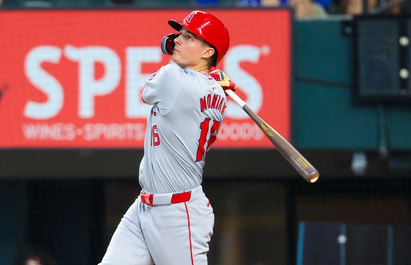 May 19, 2024; Arlington, Texas, USA; Los Angeles Angels outfielder Mickey Moniak (16) hits an rbi single during the seventh inning against the Texas Rangers at Globe Life Field. Mandatory Credit: Kevin Jairaj-USA TODAY Sports