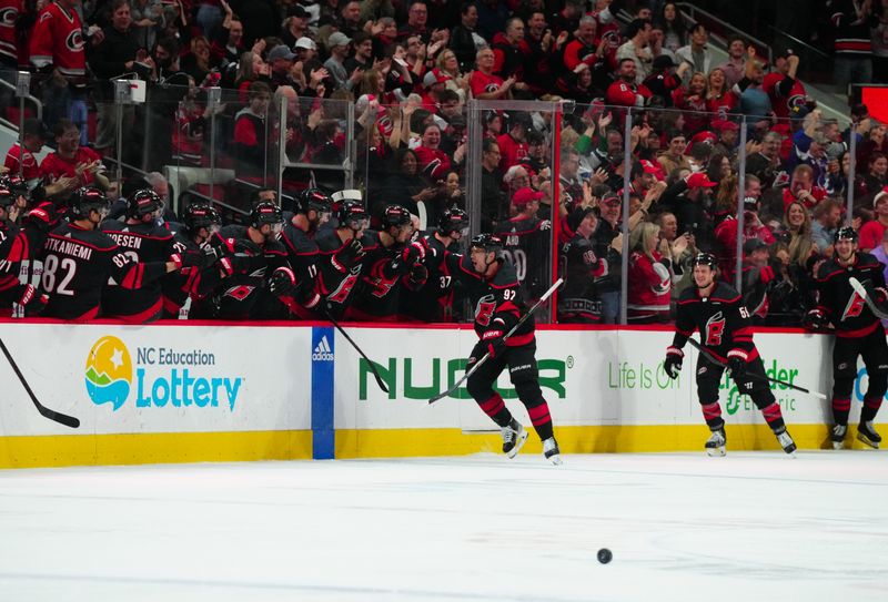 Mar 14, 2024; Raleigh, North Carolina, USA; Carolina Hurricanes center Evgeny Kuznetsov (92) celebrates his goal against the Florida Panthers during the second period at PNC Arena. Mandatory Credit: James Guillory-USA TODAY Sports