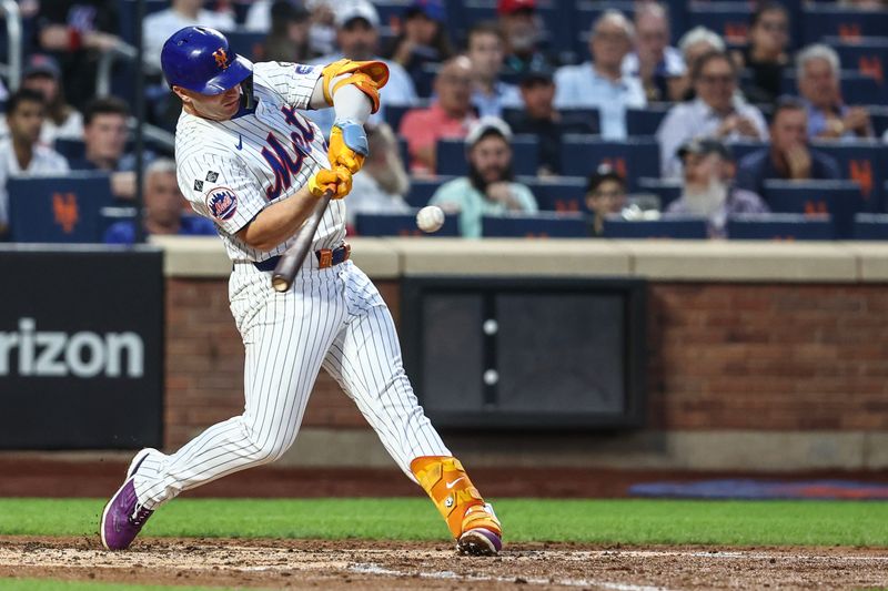 Jul 29, 2024; New York City, New York, USA;  New York Mets first baseman Pete Alonso (20) hits a solo home run in the fourth inning against the Minnesota Twins at Citi Field. Mandatory Credit: Wendell Cruz-USA TODAY Sports