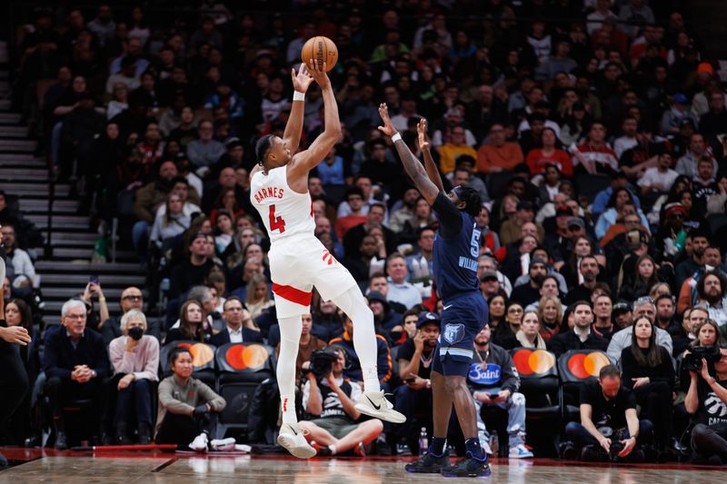 TORONTO, CANADA - JANUARY 22: Scottie Barnes #4 of the Toronto Raptors puts up a shot over Vince Williams Jr. #5 of the Memphis Grizzlies during the second half at Scotiabank Arena on January 22, 2024 in Toronto, Canada. NOTE TO USER: User expressly acknowledges and agrees that, by downloading and or using this photograph, User is consenting to the terms and conditions of the Getty Images License Agreement. (Photo by Cole Burston/Getty Images)