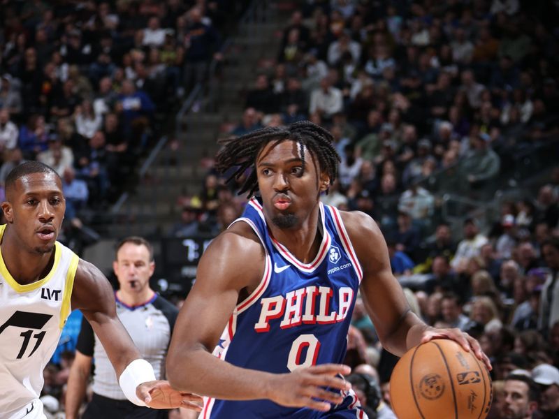 SALT LAKE CITY, UT - FEBRUARY 1: Tyrese Maxey #0 of the Philadelphia 76ers handles the ball during the game against the Utah Jazz on February 1, 2024 at Delta Center in Salt Lake City, Utah. NOTE TO USER: User expressly acknowledges and agrees that, by downloading and or using this Photograph, User is consenting to the terms and conditions of the Getty Images License Agreement. Mandatory Copyright Notice: Copyright 2024 NBAE (Photo by Melissa Majchrzak/NBAE via Getty Images)