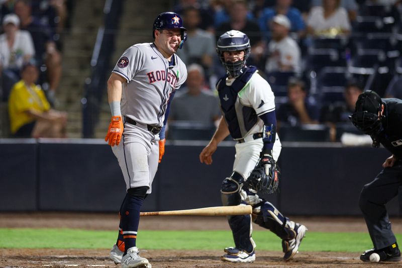May 19, 2025; Tampa, Florida, USA; Houston Astros left fielder Chas McCormick (20) reacts after getting hit by a pitch against the Tampa Bay Rays in the ninth inning at George M. Steinbrenner Field. Mandatory Credit: Nathan Ray Seebeck-Imagn Images