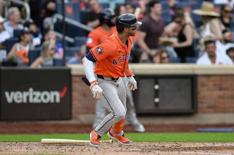 Jun 29, 2024; New York City, New York, USA; Houston Astros shortstop Jeremy Peña (3) hits a two RBI double against the New York Mets during the fourth inning at Citi Field. Mandatory Credit: John Jones-USA TODAY Sports