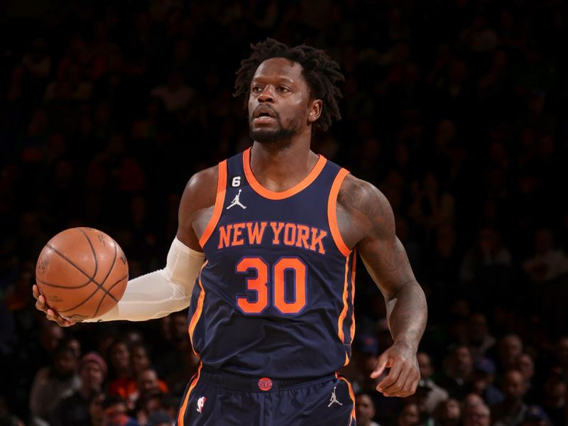 NEW YORK, NY - FEBRUARY 27: Julius Randle #30 of the New York Knicks dribbles the ball during the game against the Boston Celtics on February 27, 2023 at Madison Square Garden in New York City, New York.  NOTE TO USER: User expressly acknowledges and agrees that, by downloading and or using this photograph, User is consenting to the terms and conditions of the Getty Images License Agreement. Mandatory Copyright Notice: Copyright 2023 NBAE  (Photo by Nathaniel S. Butler/NBAE via Getty Images)