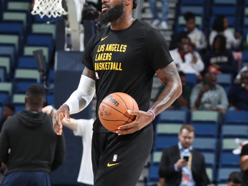 NEW ORLEANS, LA - APRIL 14: LeBron James #23 of the Los Angeles Lakers warms up before the game against the New Orleans Pelicans on April 14, 2024 at the Smoothie King Center in New Orleans, Louisiana. NOTE TO USER: User expressly acknowledges and agrees that, by downloading and or using this Photograph, user is consenting to the terms and conditions of the Getty Images License Agreement. Mandatory Copyright Notice: Copyright 2024 NBAE (Photo by Layne Murdoch Jr./NBAE via Getty Images)