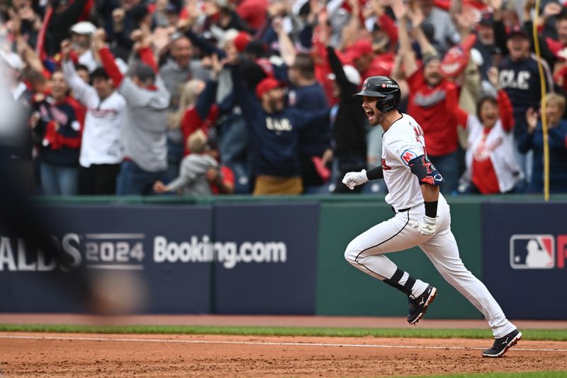 Oct 12, 2024; Cleveland, Ohio, USA; Cleveland Guardians outfielder Lane Thomas (8) runs the bases after hitting a grand slam in the fifth inning against the Detroit Tigers during game five of the ALDS for the 2024 MLB Playoffs at Progressive Field. Mandatory Credit: Ken Blaze-Imagn Images