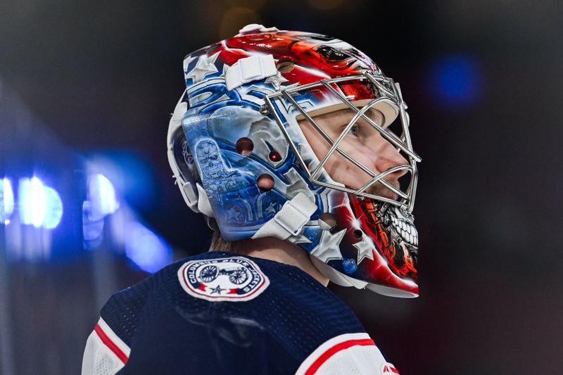 Mar 12, 2024; Montreal, Quebec, CAN; Columbus Blue Jackets goalie Daniil Tarasov (40) looks on during warm-up before the game against the Montreal Canadiens at Bell Centre. Mandatory Credit: David Kirouac-USA TODAY Sports