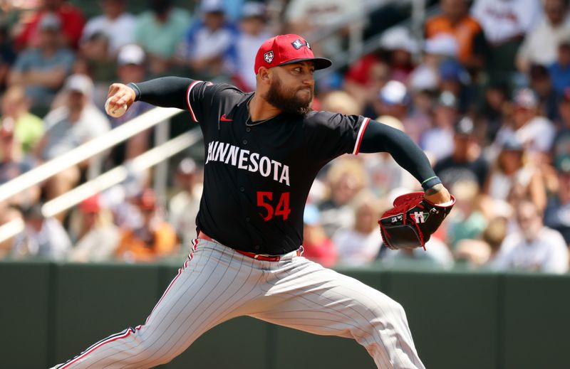 Mar 25, 2024; North Port, Florida, USA; Minnesota Twins relief pitcher David Duarte (54) throws a pitch during the fifth inning against the Atlanta Braves at CoolToday Park. Mandatory Credit: Kim Klement Neitzel-USA TODAY Sports