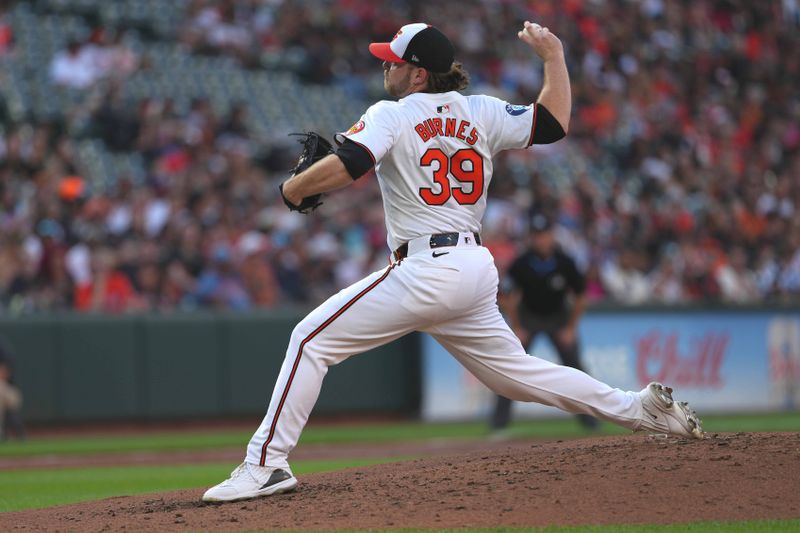 Jun 27, 2024; Baltimore, Maryland, USA; Baltimore Orioles pitcher Corbin Burnes (39) delivers in the second inning against the Texas Rangers at Oriole Park at Camden Yards. Mandatory Credit: Mitch Stringer-USA TODAY Sports