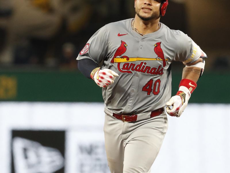 Jul 3, 2024; Pittsburgh, Pennsylvania, USA;  St. Louis Cardinals catcher Willson Contreras (40) circles the bases on a two run home run against the Pittsburgh Pirates during the eighth inning at PNC Park. Mandatory Credit: Charles LeClaire-USA TODAY Sports