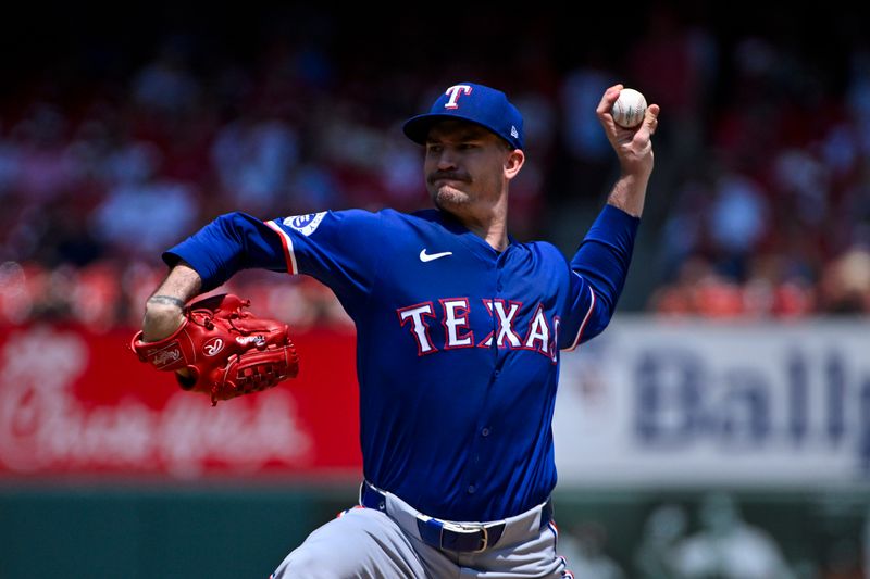 Jul 31, 2024; St. Louis, Missouri, USA;  Texas Rangers starting pitcher Andrew Heaney (44) pitches against the St. Louis Cardinals during the first inning at Busch Stadium. Mandatory Credit: Jeff Curry-USA TODAY Sports